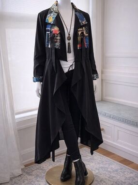 Kate Hewko Black Duster Coat with Colorful Patchwork, OS